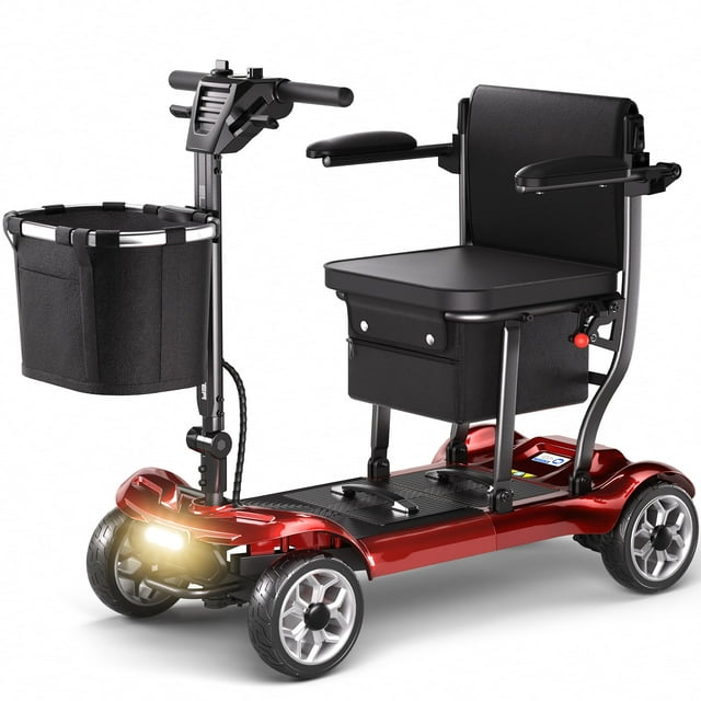 4 Wheels Mobility Scooter for Seniors, Electric Folding Wheelchair Device for Travel, 1 Battery, Red