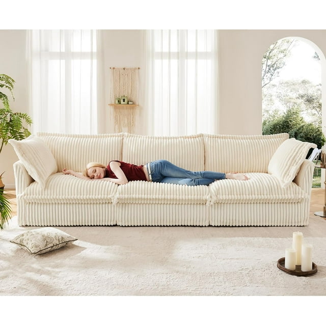 120" Oversized Modular Sectional Sofa, Comfy 3 Seat Corduroy Cloud Couch, Minimalist Deep Sofa Couches with Washable Cover, 2 Pillows, Modern Upholstered Sofas for Living Room, Beige